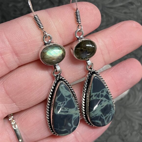 Labradorite and Spiderweb Obsidian Earrings Stone Crystal Jewelry - Picture 3 of 5